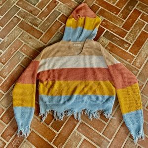 Super cute and comfy cozy Knitted stripped frayed top with hood!